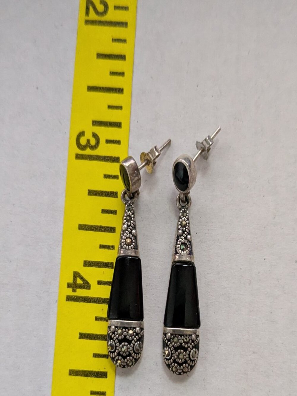 Vintage 925 Sterling Silver Black Onyx Art Deco Style Drop Pierced Earrings